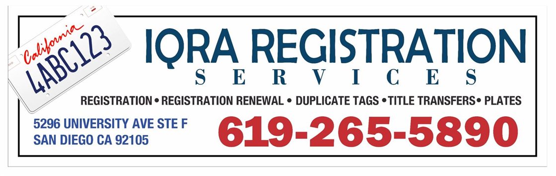 IQRA Registration Services banner with a California license plate graphic: registration, registration renewal, duplicate tags, title transfers, plates. 5296 University Ave Ste F, San Diego CA 92105, 619-265-5890